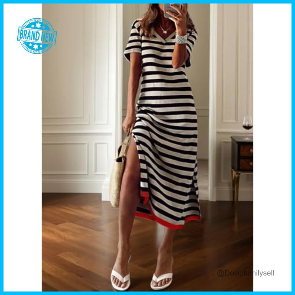 Striped Maxi Dress Casual Chic Split Side Summer T-Shirt Style Trendy View 2
